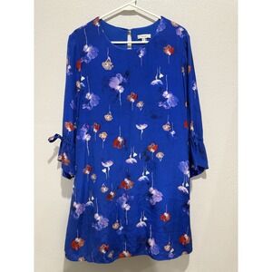 Tyler Boe Blue Tie Sleeve Dress 100‎ % Silk AOP Medium Floral Watercolor